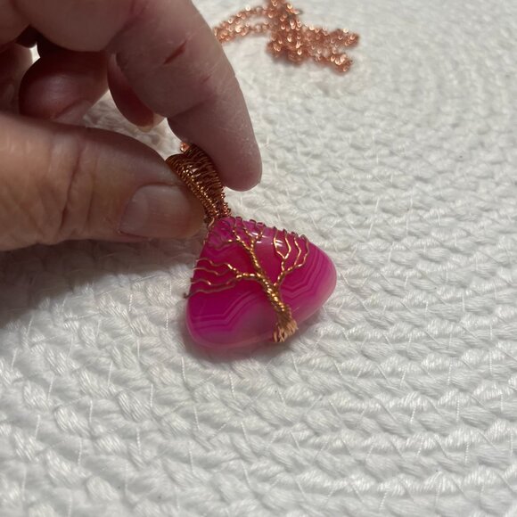 Gorgeous PINK BOTSWANA AGATE Handmade COPPER WIRE-WRAPPED Pendant/Chain #355D - Picture 3 of 3